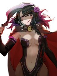 Rule 34 | 1girl, black hair, braid, breasts, brown cape, cape, center opening, cloak, commentary request, cowboy shot, elsa granhilte, flower, hair flower, hair ornament, highres, kedama (fxdm8544), large breasts, leotard, long hair, looking at viewer, mole, mole under eye, multicolored cape, multicolored clothes, navel, pantyhose, purple eyes, re:zero kara hajimeru isekai seikatsu, red cape, revealing clothes, simple background, smile, solo, two-sided cloak, two-sided fabric, white background