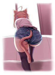 Rule 34 | 1girl, ahoge, animal ears, ass, black thighhighs, blue shorts, brown hair, cat ears, cat tail, couch, denim, denim shorts, facing away, from behind, highres, indoors, leg up, long hair, no shoes, original, ribbon, shirt, short shorts, shorts, solo, tail, thighhighs, thighs, tonpuu, twintails, white shirt, window