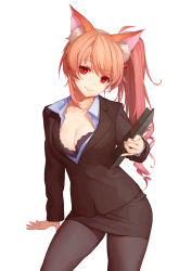 Rule 34 | 1girl, animal ears, arm support, black bra, bra, breasts, cat ears, catsmoon, cleavage, closed mouth, contrapposto, cowboy shot, head tilt, long hair, long sleeves, medium breasts, miniskirt, original, partially unbuttoned, pencil skirt, pink hair, red eyes, side ponytail, simple background, skirt, smile, solo, underwear, white background