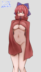 Rule 34 | 1girl, areola slip, blush, bow, breasts, cloak, commentary request, covering crotch, covering privates, dated, feet out of frame, female pubic hair, grey background, hair bow, highres, large breasts, looking at viewer, medium bangs, naked cloak, navel, pink eyes, pubic hair, pubic hair peek, red cloak, red hair, red pubic hair, ribbon-trimmed bow, sekibanki, short hair, simple background, solo, standing, touhou, underboob, usaka ray