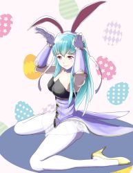 Rule 34 | 1girl, animal ears, bare shoulders, blue hair, blush, bow, bowtie, breasts, rabbit ears, rabbit tail, cape, detached collar, fake animal ears, fire emblem, fire emblem: the blazing blade, fire emblem heroes, full body, large breasts, leotard, long hair, looking at viewer, medium breasts, ninian, nintendo, pantyhose, playboy bunny, red eyes, sitting, smile, solo, strapless, sukkirito (rangusan), tail, wrist cuffs