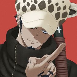 Rule 34 | 1boy, black coat, black eyes, black hair, close-up, coat, collared coat, earrings, facial hair, goatee, hand tattoo, highres, index finger raised, jewelry, long sideburns, male focus, one piece, over shoulder, panther print, pinattsu, short hair, sideburns, smile, solo, sword, sword over shoulder, tattoo, trafalgar law, weapon, weapon over shoulder
