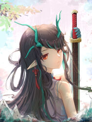 Rule 34 | 1girl, arknights, black hair, dragon girl, dragon horns, dusk (arknights), earrings, green horns, highres, holding, holding sword, holding weapon, horns, jewelry, long hair, looking at viewer, luo (tfpx7458), multicolored hair, pointy ears, red eyes, solo, streaked hair, sword, tassel, tassel earrings, weapon