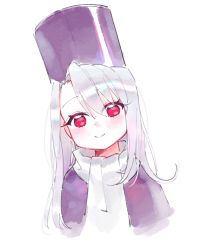 Rule 34 | 1girl, blush, closed mouth, commentary request, fate/stay night, fate (series), fur hat, grey scarf, hair between eyes, hat, head tilt, ia (ias1010), illyasviel von einzbern, jacket, long hair, papakha, purple hat, purple jacket, red eyes, scarf, silver hair, simple background, smile, solo, upper body, white background