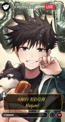 Rule 34 | 1boy, aged down, black hair, black shirt, blue eyes, blue jacket, cream, cream on face, ddub1618, food, food on face, fushiguro megumi, grin, hand up, happy birthday, highres, holding, jacket, jewelry, jujutsu kaisen, livestream, long sleeves, looking at viewer, male focus, necklace, shirt, short hair, smile, solo, spiked hair, stuffed toy, upper body