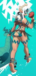 Rule 34 | 1girl, absurdres, angry, aqua background, ass, back tattoo, barefoot, bikini, bodypaint, bone hair ornament, boned meat, breast tattoo, breasts, brown bikini, caveman, character request, claws, cleavage, commentary, copyright request, dark-skinned female, dark skin, domino mask, dual wielding, earrings, facepaint, facial tattoo, fingernails, food, from behind, gashi-gashi, green background, groin, hair between eyes, hair ornament, hairband, handprint, highres, holding, hoop earrings, jewelry, large breasts, leg tattoo, long fingernails, long hair, long toenails, looking at viewer, looking back, mask, meat, messy hair, midriff, neck ring, no panties, pointy ears, revealing clothes, sharp teeth, sharp toenails, simple background, standing, strapless, strapless bikini, swimsuit, tall female, tattoo, teeth, toenails, underboob, upper teeth only, white hairband