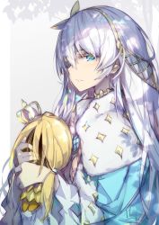 Rule 34 | 1girl, anastasia (fate), blue dress, blue eyes, bow, capelet, commentary, crown, dress, fate/grand order, fate (series), hair bow, hairband, holding, hong (white spider), light purple hair, long sleeves, looking at viewer, looking to the side, parted lips, signature, solo, upper body