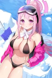 Rule 34 | 1girl, :o, aile (crossroads), bikini, black bikini, blue archive, blush, breasts, coat, commentary request, eimi (blue archive), eimi (swimsuit) (blue archive), goggles, goggles on head, halo, highres, ice, large breasts, long hair, looking at viewer, navel, official alternate costume, pink coat, pink eyes, pink hair, pink halo, ponytail, scarf, shovel, sitting, solo, swimsuit, thighs, v, white scarf