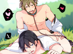 Rule 34 | 10s, 2boys, anal, animal ears, ass, blush, bottomless, clothed sex, collar, free!, leash, male focus, male penetrated, multiple boys, muscular, nanase haruka (free!), nipples, outdoors, pectorals, public indecency, sex, size difference, sweat, tachibana makoto, undressing, wince, yaoi