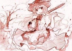Rule 34 | 1girl, blush, food, fruit, hammer (sunset beach), hat, hinanawi tenshi, long hair, looking at viewer, monochrome, open mouth, peach, rock, skirt, solo, sword of hisou, touhou, tree