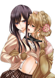 2girls aihara_academy_school_uniform aihara_mei aihara_yuzu black_hair blonde_hair blush breasts citrus_(saburouta) clothes_lift ear_blush earrings female_focus green_eyes highres jewelry long_hair looking_at_viewer medium_breasts multiple_girls navel official_art open_clothes open_mouth open_shirt purple_eyes saburouta school_uniform shirt shirt_lift siblings sisters skirt sleeves_past_wrists step-siblings sweater undressing wife_and_wife yuri