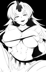 Rule 34 | 1girl, abs, blush, breasts, clothes pull, commentary, highres, horns, hoshiguma yuugi, large breasts, long hair, looking at viewer, mizuga, monochrome, muscular, muscular female, navel, oni horns, open mouth, pulled by self, sharp teeth, shirt pull, single horn, skirt, solo, star (symbol), sweatdrop, symbol-only commentary, teeth, touhou, underboob, upper body