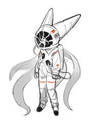 Rule 34 | 1girl, absurdly long hair, animal ears, arms at sides, astronaut, backpack, bag, bodysuit, cable, chest harness, commentary, covered face, crack, cracked glass, cracked helmet, facing viewer, floating hair, full body, grey hair, harness, helmet, highres, kokaki mumose, long hair, original, simple background, solo, space helmet, spacesuit, very long hair, white background, white bodysuit