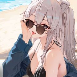 Rule 34 | 1girl, absurdres, animal ears, artist name, bare shoulders, beach, bikini, black bikini, black eyes, blue jacket, breasts, cleavage, commentary request, grey hair, hair between eyes, highres, hololive, jacket, large breasts, lion ears, lion girl, long hair, looking at viewer, ocean, off shoulder, one eye closed, open clothes, open jacket, outdoors, shishiro botan, solo, sunglasses, swimsuit, tongue, tongue out, two side up, virtual youtuber, water, zakimpo