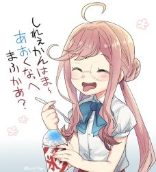Rule 34 | 1girl, ahoge, blue bow, blue bowtie, bow, bowtie, closed eyes, double bun, food, gradient background, hair bun, holding, holding spoon, kantai collection, long hair, makigumo (kancolle), open mouth, pink hair, shaved ice, shirt, sidelocks, simple background, solo, spoon, tane juu-gou, tongue, tongue out, twintails, twitter username, white shirt