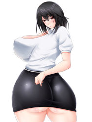 Rule 34 | 1girl, ass, black hair, breasts, brown eyes, covered erect nipples, curvy, female focus, from behind, groin, huge breasts, kitagawa misa, looking back, miniskirt, photokano, saogokushi, shirt, short hair, simple background, skirt, solo, standing, white background
