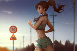 Rule 34 | 1girl, artist name, bare arms, bare shoulders, blue sky, brown eyes, brown hair, closed mouth, cowboy shot, earphones, forest, from side, green shorts, hair tie, long hair, magion02, morning, nature, original, outdoors, ponytail, power lines, profile, red lips, road sign, running, shorts, sign, sky, sleeveless, solo, sportswear, sunlight, sunrise, tank top, towel, towel around neck, utility pole