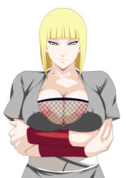 1girl blonde_hair blue_eyes blunt_bangs breast_hold breasts cleavage collarbone detached_sleeves female_focus fingernails fishnet_top fishnets highres huge_breasts lime_(purple_haze) looking_at_viewer naruto_(series) naruto_shippuuden nipple_slip nipples samui_(naruto) short_hair simple_background solo upper_body white_background