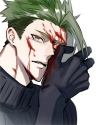 Rule 34 | 1boy, achilles (fate), black gloves, black shirt, blood, blood on face, blood on hands, blurry, brown eyes, depth of field, fate/apocrypha, fate (series), gloves, green hair, haruakira, highres, looking at viewer, male focus, one eye closed, parted lips, portrait, shirt, short hair, simple background, solo, undercut, white background