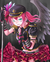 Rule 34 | 1girl, aqua eyes, artist name, artist request, belt, black belt, black gloves, black hat, black skirt, black wings, blush, bow, breasts, checkered clothes, checkered skirt, epaulettes, facial mark, feathers, female focus, fingerless gloves, floating hair, gloves, green eyes, hair between eyes, hat, hat bow, highres, holding, holding microphone, holding microphone stand, kurosawa ruby, looking at viewer, love live!, love live! school idol festival, love live! sunshine!!, microphone, microphone stand, miniskirt, parted lips, peaked cap, pink feathers, plaid, plaid skirt, pleated, pleated skirt, punk rock, purple feathers, red bow, red hair, red skirt, ryo (suwaryo1009), short hair, short sleeves, single shoulder pad, skirt, small breasts, smile, solo, star (symbol), star print, striped sleeves, twintails, two side up, white belt, white feathers, wings
