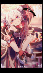 Rule 34 | 1girl, absurdres, blue eyes, blush, breasts, cake, camera, chinese clothes, cross (weapon), crossed legs, de da xianyu, double bun, food, full body, grin, hair between eyes, hair bun, highres, holding, holding cake, holding food, honkai (series), honkai impact 3rd, indoors, looking at viewer, small breasts, smile, solo, sunglasses, sweat, teeth, theresa apocalypse, theresa apocalypse (valkyrie pledge), v, viewfinder, white hair