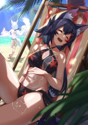 Rule 34 | 2girls, animal ear fluff, animal ears, beach, beach chair, bikini, black bikini, black bow, black hair, bob-the-bison, bow, closed eyes, cloud, cloudy sky, commentary request, day, fox ears, fox girl, fox tail, frilled bikini, frills, hair between eyes, hand on own stomach, highres, hololive, knee up, leaf print, light rays, lotion, low ponytail, maple leaf print, multicolored hair, multiple girls, navel, ocean, ookami mio, open mouth, palm leaf, palm tree, prank, red hair, saliva, shirakami fubuki, sitting, sky, sleeping, streaked hair, sunscreen, swimsuit, tail, tree, virtual youtuber, w arms, white bikini, white hair, wolf ears, wolf girl