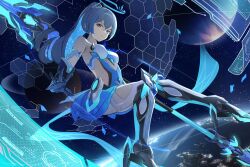 Rule 34 | 1girl, blue dress, boots, breasts, bronya zaychik, bronya zaychik (herrscher of truth), dress, drill hair, earth (planet), full body, glowing, grey eyes, grey hair, halo, hashtag-only commentary, high heel boots, high heels, highres, holding, holding polearm, holding weapon, holographic interface, honkai (series), honkai impact 3rd, kuma (kumasan 82), long hair, looking at viewer, medium breasts, planet, polearm, solo, space, star (sky), thigh boots, very long hair, weapon