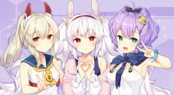 Rule 34 | 3girls, :d, :o, anchor symbol, animal ears, ascot, ayanami (azur lane), azur lane, bare shoulders, bekotarou, black ribbon, blue eyes, blue sailor collar, breasts, brown eyes, camisole, closed mouth, collarbone, commentary request, crown, hair between eyes, hair ornament, hair ribbon, hairband, hand up, hands up, headgear, heart, heart hands, jacket, javelin (azur lane), laffey (azur lane), light brown hair, long hair, long sleeves, medium breasts, mini crown, multiple girls, off shoulder, open mouth, parted lips, pink jacket, ponytail, print ascot, print neckwear, purple hair, rabbit ears, red eyes, red hairband, ribbon, sailor collar, school uniform, serafuku, shirt, silver hair, sleeveless, sleeveless shirt, smile, star (symbol), twintails, v, very long hair, white camisole, white shirt, yellow ascot