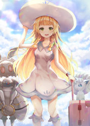 Rule 34 | absurdres, alolan form, alolan vulpix, bad id, bad pixiv id, bare arms, blonde hair, blue sky, braid, cloud, collarbone, creatures (company), day, dress, feet out of frame, game freak, gen 7 pokemon, green eyes, hat, highres, kerno, legendary pokemon, lillie (pokemon), long hair, looking at viewer, luggage, magearna, mythical pokemon, nintendo, open mouth, outdoors, pokemon, pokemon (anime), pokemon (creature), pokemon sm (anime), sky, sleeveless, sleeveless dress, smile, standing, sun hat, sundress, sunlight, twin braids, white dress, white footwear, white headwear, z-ring