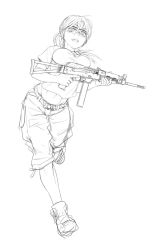 Rule 34 | 1girl, akx-9, assault rifle, breasts, crop top, crop top overhang, didloaded, female focus, foregrip, full body, goggles, greyscale, gun, highres, holding, holding gun, holding weapon, lineart, long hair, looking at viewer, magazine (object), magazine (weapon), midriff, monochrome, navel, open mouth, original, ponytail, rifle, scope, shirt, shoes, sketch, sneakers, solo, taut clothes, taut shirt, trigger discipline, weapon, white background