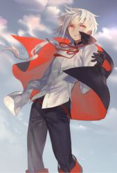 Rule 34 | 1boy, bad id, bad twitter id, black cape, black pants, cape, cloud, cloudy sky, copyright request, day, grey sky, long sleeves, male focus, multicolored cape, multicolored clothes, neck ribbon, pants, parted lips, red cape, red eyes, red ribbon, ribbon, shirt, sky, solo, white hair, white shirt, yamakawa