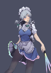 Rule 34 | 1girl, absurdres, apron, between fingers, blue dress, blue eyes, bow, braid, clothes lift, dress, frilled apron, frilled skirt, frills, green bow, hair bow, highres, holding, holding knife, izayoi sakuya, knife, knives between fingers, lips, looking up, maid, maid apron, maid headdress, medium hair, pantyhose, puffy short sleeves, puffy sleeves, rainbow gradient, shirt, short sleeves, silver hair, skirt, skirt lift, smile, stank, touhou, twin braids, unconnected marketeers, waist apron, white shirt