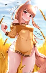 absurdres animal_ears apple bare_legs bare_shoulders bird breasts brown_hair dress food fruit gluteal_fold highres holo long_hair looking_at_viewer miss.yuuki no_panties red_eyes revision small_breasts smile spice_and_wolf tail wheat wheat_field wolf_ears wolf_tail