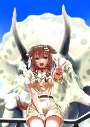 Rule 34 | 1girl, :d, animal ears, ark survival evolved, belt, belt collar, blue sky, braid, brown belt, collar, cowboy shot, day, dog ears, dog tail, fangs, highres, hololive, inugami korone, jacket, long hair, looking at viewer, open mouth, outdoors, railing, sabaku chitai, shorts, sky, smile, solo, standing, tail, triceratops, twin braids, v, virtual youtuber, wristband, yellow jacket, yellow shorts
