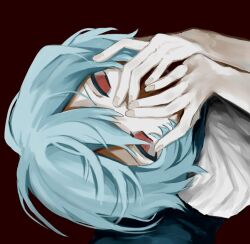Rule 34 | 1girl, ayanami rei, blue hair, covering own mouth, dress, empty eyes, from above, looking at viewer, neon genesis evangelion, red background, red eyes, shinsekai (z o10), short hair, simple background, solo