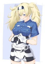 Rule 34 | 1girl, belt, blonde hair, blue eyes, breasts, commentary request, cowboy shot, gambier bay (kancolle), gloves, hair between eyes, hairband, headgear, highres, kantai collection, large breasts, long hair, looking at viewer, niwatazumi, open mouth, own hands together, short sleeves, shorts, solo, twintails, upper body