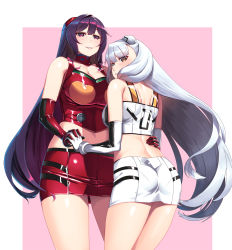 Rule 34 | 2girls, ass, ayanami rei (cosplay), blush, breasts, cosplay, cowboy shot, female admiral (kancolle), gloves, hiememiko, highres, holding hands, interlocked fingers, kantai collection, large breasts, latex, long hair, looking at viewer, multicolored clothes, multiple girls, murakumo (kancolle), neon genesis evangelion, pantylines, purple hair, race queen, shiny clothes, smile, souryuu asuka langley (cosplay), thighhighs, thighs, yuri