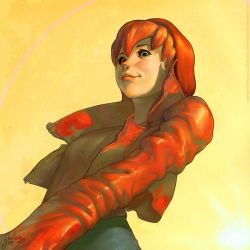 Rule 34 | 1girl, from below, greg garza, jacket, leather, leather jacket, red hair, smile, solo