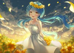 Rule 34 | 1girl, :d, absurdres, ahoge, arms behind back, blue hair, blunt bangs, bouquet, cloud, collarbone, commentary, dress, flower, flower wreath, hair blowing, highres, holding, holding bouquet, huge filesize, ia (ia ju72), ia ju72, jewelry, long hair, looking at viewer, necklace, open mouth, original, petals, sidelocks, sky, smile, solo, sunset, tearing up, tears, teeth, twintails, upper teeth only, white dress, yellow eyes, yellow flower