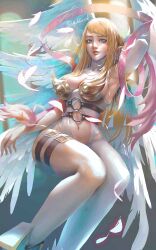 Rule 34 | 1girl, absurdres, angel, angel girl, angewomon, armpits, blonde hair, blue eyes, breasts, buckle, cleavage, digimon, digimon (creature), head wings, highres, large breasts, lipstick, long hair, makeup, mddueck, mole, mole on breast, navel, o-ring, solo, thigh strap, wings