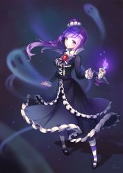 Rule 34 | 1girl, artist name, black dress, blackberry cookie, blush, bow, candle, cookie run, dress, long hair, long sleeves, mole, mole under eye, pantyhose, parted lips, purin (dillahooni), purple eyes, purple hair, side ponytail, solo, striped clothes, striped pantyhose, vertical-striped clothes, vertical-striped pantyhose