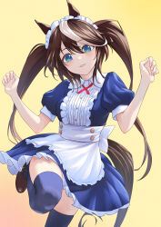 Rule 34 | 1girl, alternate costume, animal ears, apron, blue dress, blue eyes, blue thighhighs, breasts, brown footwear, brown hair, center frills, cross tie, dress, enmaided, frills, hands up, highres, horse ears, horse girl, horse tail, long hair, looking at viewer, maid, maid apron, multicolored hair, nabe puyo, parted lips, puffy short sleeves, puffy sleeves, shoes, short sleeves, small breasts, solo, standing, streaked hair, tail, thighhighs, tokai teio (umamusume), twintails, umamusume, waist apron, yellow background