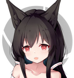Rule 34 | 1girl, :d, alice mana, alice mana channel, animal ear fluff, animal ears, bare shoulders, black hair, blush, collarbone, fang, fox ears, grey background, hair between eyes, hair ornament, highres, long hair, looking at viewer, nagato-chan, open mouth, red eyes, revision, smile, solo, two-tone background, upper body, virtual youtuber, white background