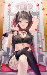 1girl, akanbe, arm behind head, arm up, armchair, asymmetrical legwear, bangs, bare shoulders, black collar, black hair, black horns, black legwear, black shorts, blurry, blurry background, breasts, brown eyes, chains, chair, collar, collarbone, commentary request, crop top, demon girl, demon horns, demon tail, feet out of frame, fishnet legwear, fishnets, gem, hand up, heart, heart tail, highres, horns, large breasts, legs crossed, looking at viewer, midriff, one eye closed, original, pantyhose, petals, revision, short hair, shorts, single thighhigh, sitting, solo, tail, thighhighs, tongue, tongue out, torn clothes, torn legwear, yuhi (hssh 6), zipper
