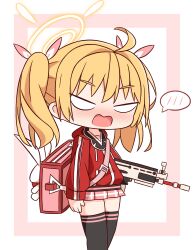 Rule 34 | 1girl, ahoge, bag, black thighhighs, blonde hair, blue archive, blush, commentary request, feet out of frame, gun, halo, hana kazari, highres, holding, holding gun, holding weapon, jacket, long hair, long sleeves, open mouth, pink skirt, pleated skirt, red jacket, skirt, solo, spoken blush, thighhighs, twintails, weapon, yellow halo, yoshimi (blue archive)