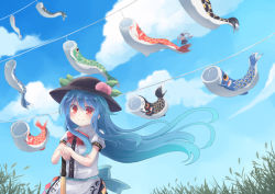 Rule 34 | 1girl, back bow, black headwear, blouse, blue bow, blue hair, bow, center frills, day, fish, floating hair, flying fish, frills, hat, hinanawi tenshi, holding, holding sword, holding weapon, kibisake, koi, koinobori, long hair, outdoors, peach hat ornament, puffy short sleeves, puffy sleeves, red eyes, shirt, short sleeves, sun hat, sword, sword of hisou, touhou, weapon, white shirt, windsock