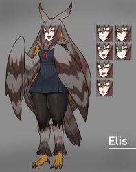 Rule 34 | 1girl, bird legs, bird tail, black pantyhose, blush, breasts, brown feathers, brown wings, character name, close-up, closed eyes, closed mouth, commentary request, dress, feathered wings, feathers, full body, gaikiken, grey background, grey feathers, hair between eyes, half-closed eyes, harpy, looking at viewer, medium breasts, monster girl, multiple views, open mouth, original, pantyhose, pleated dress, simple background, standing, tail, talons, thick thighs, thighs, two-tone wings, wings, yellow eyes