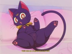 Rule 34 | 1girl, animal ears, animal hands, anus, bed, bedroom, bishoujo senshi sailor moon, bow, bowtie, cat, cat ears, cat tail, cleft of venus, eyelashes, facial mark, forehead mark, highres, indoors, kekitopu, looking at viewer, luna (sailor moon), lying, meme, nude, official style, on back, open mouth, parody, pawpads, pillow, presenting, pussy, red eyes, spread legs, sweatdrop, tail, thighs, uncensored, whiskers, worried