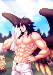 Rule 34 | 1boy, abs, bara, black hair, blush, bulge, character request, crescentia fortuna, feathered wings, fire emblem, fire emblem: radiant dawn, large pectorals, male focus, muscular, muscular male, navel, nintendo, nipples, pants, pectorals, peeking out, pointy ears, topless male, short hair, sidelocks, solo, stomach, tibarn (fire emblem), wet, white pants, wings, wiping face, yellow eyes
