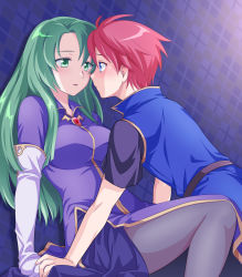 Rule 34 | 1boy, 1girl, :d, black legwear, blue eyes, blue shirt, breasts, cecilia (fire emblem), commentary request, dress, elbow gloves, fire emblem, fire emblem: the binding blade, gloves, green eyes, green hair, ham pon, hetero, highres, large breasts, long hair, looking at another, nintendo, open mouth, purple dress, red hair, roy (fire emblem), shirt, smile, white gloves